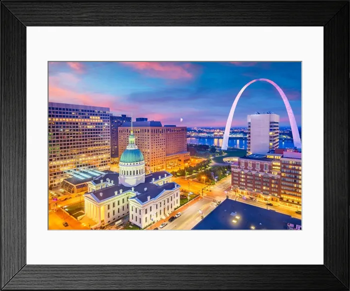 Framed Print : St. Louis, Missouri, USA downtown cityscape with the arch and courthouse at dusk Framed Print : St. Louis, Missouri, USA downtown cityscape with the arch and courthouse at dusk