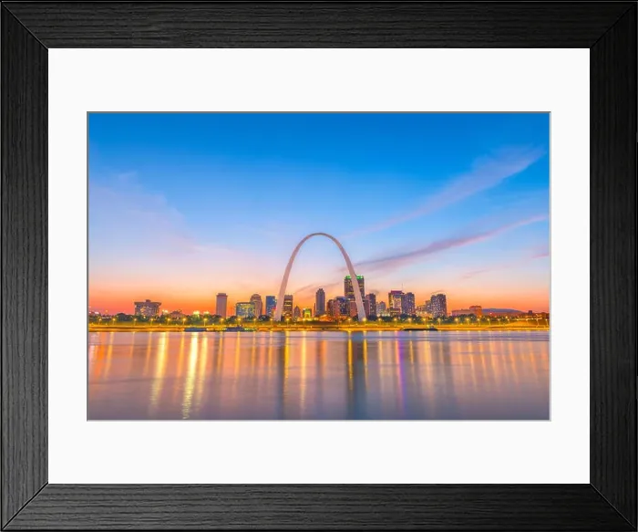 Framed Print : St. Louis, Missouri, USA downtown cityscape with the arch and courthouse at dusk Framed Print : St. Louis, Missouri, USA downtown cityscape with the arch and courthouse at dusk