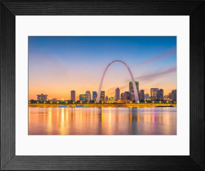 Framed Print : St. Louis, Missouri, USA downtown cityscape with the arch and courthouse at dusk Framed Print : St. Louis, Missouri, USA downtown cityscape with the arch and courthouse at dusk