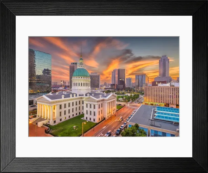 Framed Print : St. Louis, Missouri, USA downtown cityscape with the arch and courthouse at dusk Framed Print : St. Louis, Missouri, USA downtown cityscape with the arch and courthouse at dusk