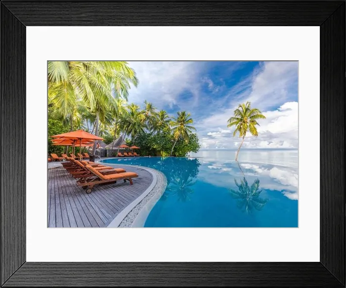 Framed Print : Beautiful luxury hotel pool resort beach, palm trees, loungers with umbrella. Infinity swimming pool, tropical beach landscape, seascape summer travel Framed Print : Beautiful luxury hotel pool resort beach, palm trees, loungers with umbrella. Infinity swimming pool, tropical beach landscape, seascape summer travel