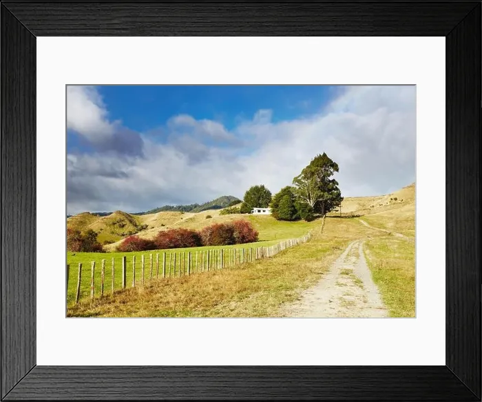 Framed Print : Rural landscape with dirt road and cloudy sky in New Zealand Framed Print : Rural landscape with dirt road and cloudy sky in New Zealand