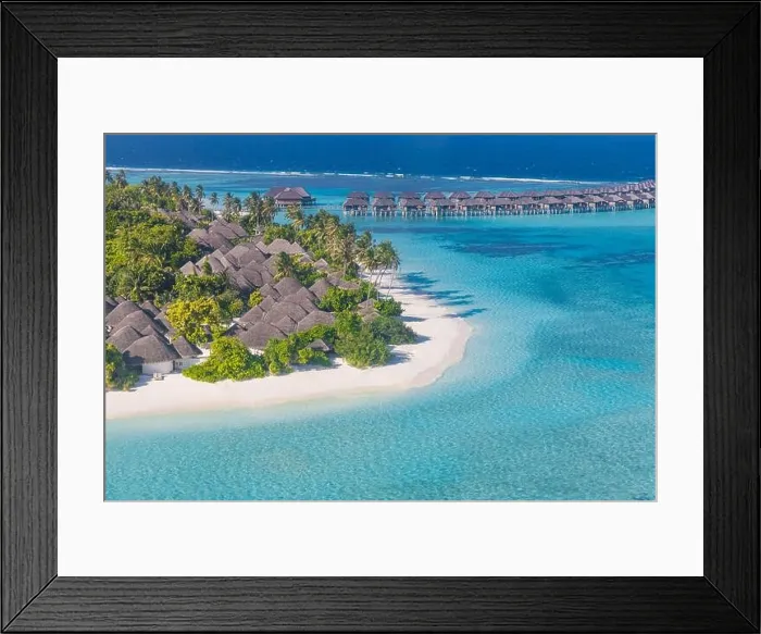 Framed Print : Aerial view on Maldives islands. Summer exotic landscape and seascape as aerial tropical background. Amazing view from above, luxury water bungalows Framed Print : Aerial view on Maldives islands. Summer exotic landscape and seascape as aerial tropical background. Amazing view from above, luxury water bungalows