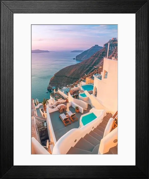 Framed Print : Fantastic evening view of Santorini island. Picturesque summer sunset on famous view, Greece, Europe. Traveling concept background. Sunset landscape