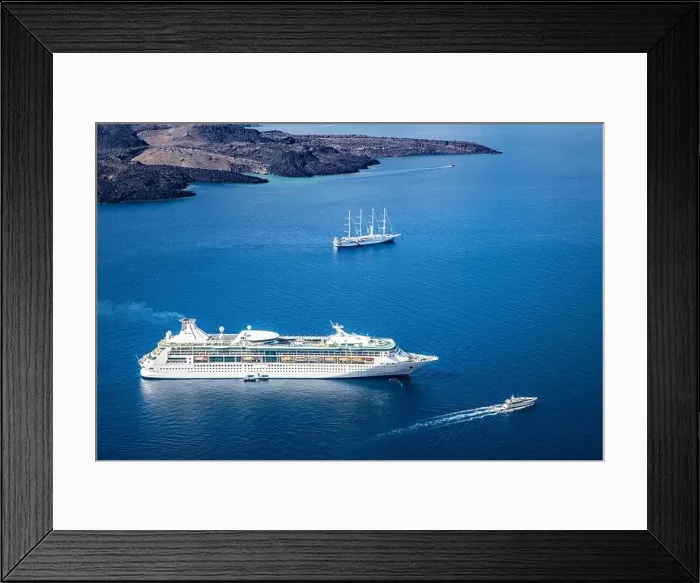 Framed Print : Cruise ships at sea. Santorini bay, morning sunlight, sailboat, yacht. Volcano deep sea, summer travel transportation background Framed Print : Cruise ships at sea. Santorini bay, morning sunlight, sailboat, yacht. Volcano deep sea, summer travel transportation background