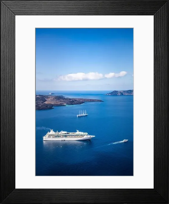 Framed Print : Cruise ships at sea. Santorini bay, morning sunlight, sailboat, yacht. Volcano deep sea, summer travel transportation background Framed Print : Cruise ships at sea. Santorini bay, morning sunlight, sailboat, yacht. Volcano deep sea, summer travel transportation background