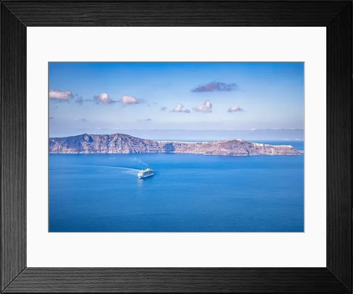 Framed Print : Cruise ships at sea. Santorini bay, morning sunlight, sailboat, yacht. Volcano deep sea, summer travel transportation background Framed Print : Cruise ships at sea. Santorini bay, morning sunlight, sailboat, yacht. Volcano deep sea, summer travel transportation background