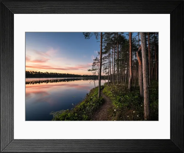 Framed Print : Scenic lake view with idyllic path and sunset at peaceful evening in National Park, Finland Framed Print : Scenic lake view with idyllic path and sunset at peaceful evening in National Park, Finland