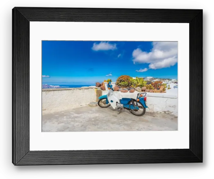 Framed Print : Santorini caldera view with old scooter, white architecture and traditional travel landscape Framed Print : Santorini caldera view with old scooter, white architecture and traditional travel landscape