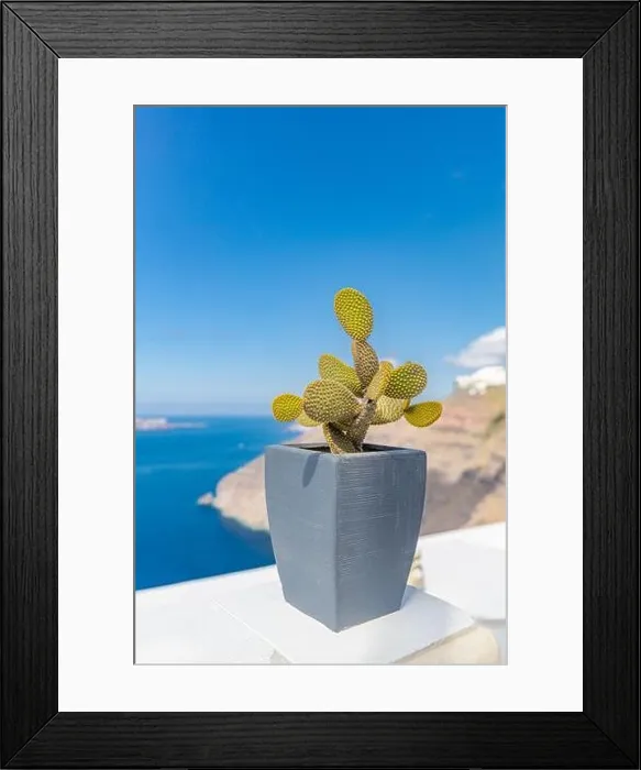 Framed Print : Street photography at Fira streets in Santorini. Sea view terrace Framed Print : Street photography at Fira streets in Santorini. Sea view terrace