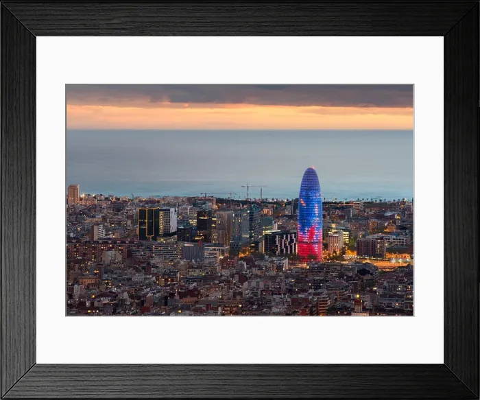 Framed Print : Scenic aerial view of Barcelona city skyscraper and skyline at night in Barcelona, Spain