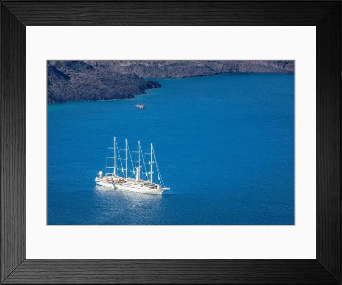 Framed Print : Cruise ship near Santorini, summer travel tourism boats in blue sea bay, cliffs of Santorini volcano island. Famous travel destination Framed Print : Cruise ship near Santorini, summer travel tourism boats in blue sea bay, cliffs of Santorini volcano island. Famous travel destination
