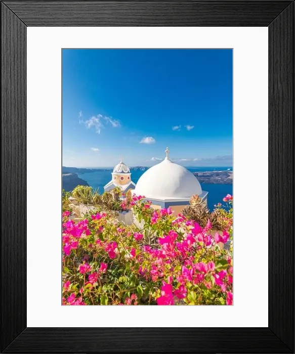 Framed Print : Oia town on Santorini island, Greece. Traditional famous white blue houses with flowers under sunny weather caldera, Aegean sea. Beautiful summer view Framed Print : Oia town on Santorini island, Greece. Traditional famous white blue houses with flowers under sunny weather caldera, Aegean sea. Beautiful summer view