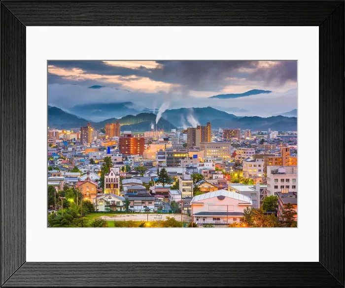 Framed Print : Tottori, Japan town skyline at twilight Framed Print : Tottori, Japan town skyline at twilight