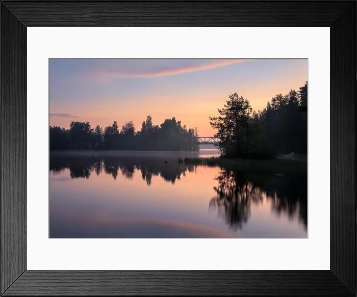 Framed Print : Peaceful view with sunset, lake and old bridge at summer night in Finland Framed Print : Peaceful view with sunset, lake and old bridge at summer night in Finland