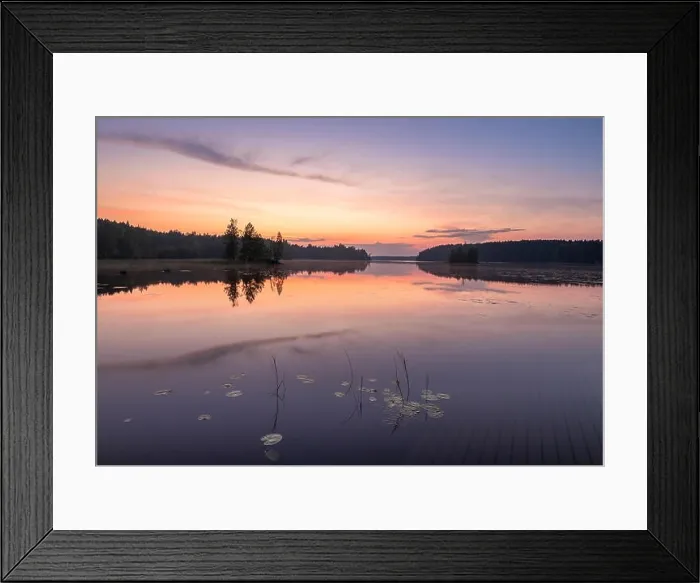 Framed Print : Peaceful view with sunset, lake and standing water at summer night in Finland Framed Print : Peaceful view with sunset, lake and standing water at summer night in Finland