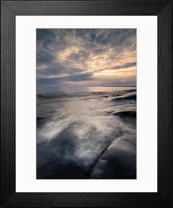 Framed Print : Scenic sea view with rocky coastline and sunset at autumn evening in Finland Framed Print : Scenic sea view with rocky coastline and sunset at autumn evening in Finland