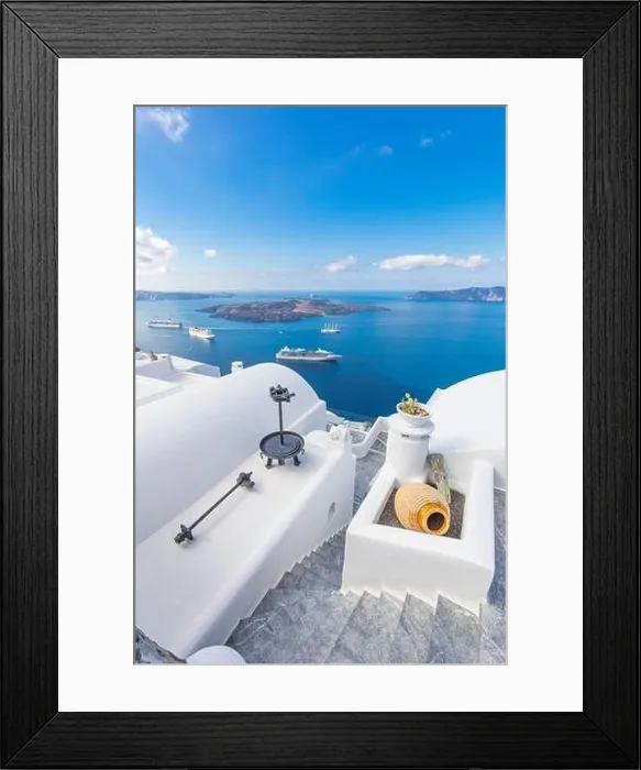 Framed Print : Amazing landscape of Fira, white architecture caldera view Santorini, Greece, cruise ships. Blue sky, wonderful summer mood, sunny vacation, holiday Framed Print : Amazing landscape of Fira, white architecture caldera view Santorini, Greece, cruise ships. Blue sky, wonderful summer mood, sunny vacation, holiday