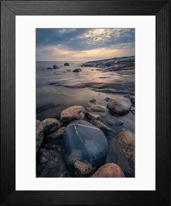Framed Print : Scenic sea view with rocky coastline and sunset at autumn evening in Finland Framed Print : Scenic sea view with rocky coastline and sunset at autumn evening in Finland