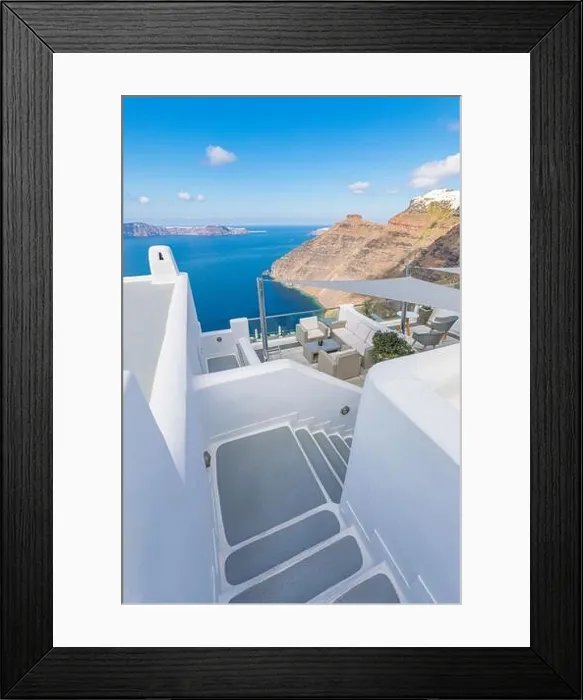 Framed Print : Amazing landscape of Fira, white architecture caldera view Santorini, Greece, cruise ships. Blue sky, wonderful summer mood, sunny vacation, holiday