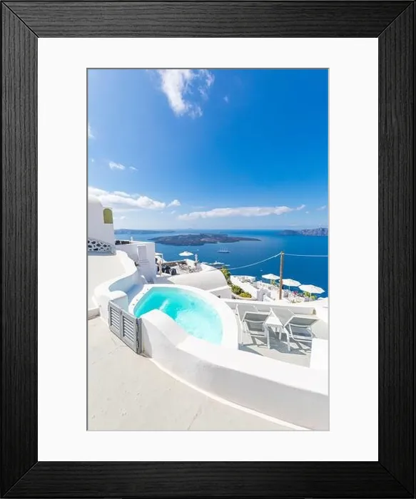 Framed Print : Amazing landscape of Fira, white architecture caldera view Santorini, Greece, cruise ships. Blue sky, wonderful summer mood, sunny vacation, holiday Framed Print : Amazing landscape of Fira, white architecture caldera view Santorini, Greece, cruise ships. Blue sky, wonderful summer mood, sunny vacation, holiday