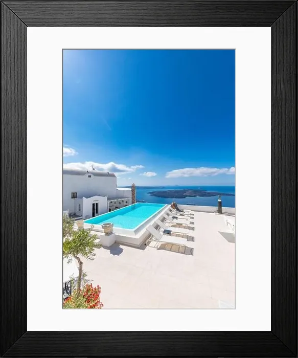 Framed Print : Amazing landscape, infinity pool caldera view Santorini, Greece with cruise ships. Blue sky wonderful summer scenery travel vacation, holiday. Inspire Framed Print : Amazing landscape, infinity pool caldera view Santorini, Greece with cruise ships. Blue sky wonderful summer scenery travel vacation, holiday. Inspire