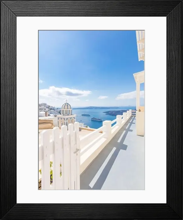 Framed Print : Amazing landscape of Fira, white architecture caldera view Santorini, Greece, cruise ships. Blue sky, wonderful summer mood, sunny vacation, holiday