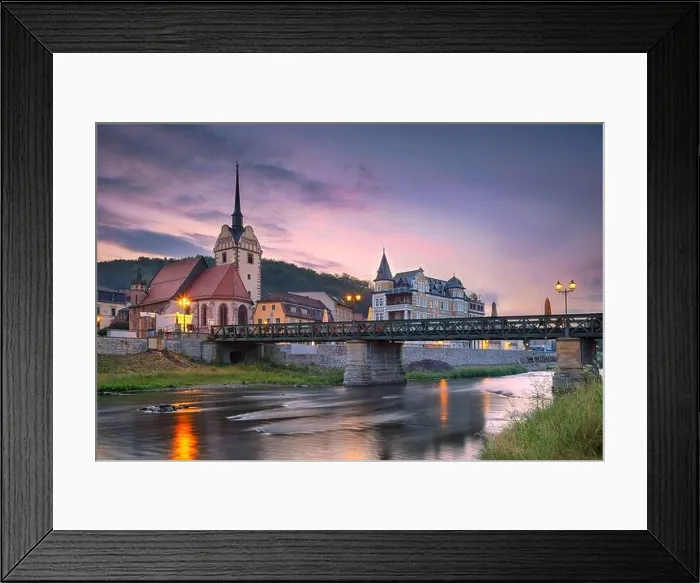 Framed Print : Gera, Germany. Cityscape image of old town Gera, Thuringia, Germany with St. Mary's Church and Untermhaus Bridge over White Elster River at sunset Framed Print : Gera, Germany. Cityscape image of old town Gera, Thuringia, Germany with St. Mary's Church and Untermhaus Bridge over White Elster River at sunset