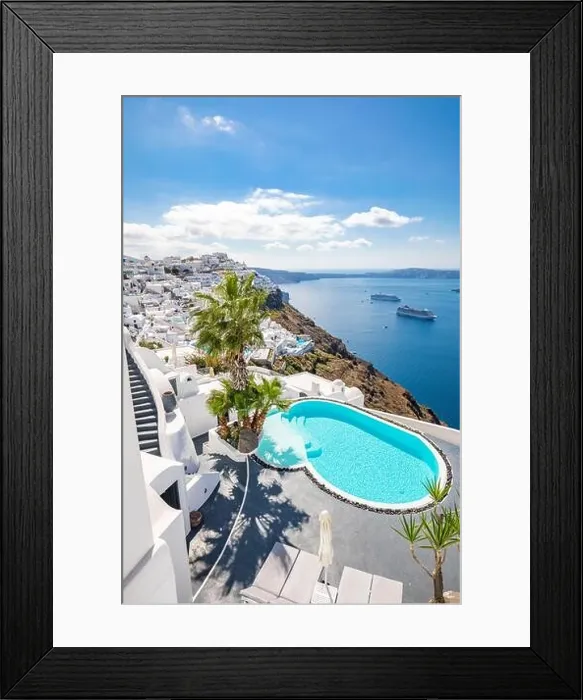 Framed Print : Amazing landscape, infinity pool caldera view Santorini, Greece with cruise ships. Blue sky wonderful summer scenery travel vacation, holiday. Inspire Framed Print : Amazing landscape, infinity pool caldera view Santorini, Greece with cruise ships. Blue sky wonderful summer scenery travel vacation, holiday. Inspire