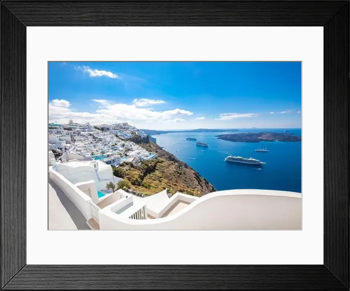 Framed Print : Amazing landscape of Fira, white architecture caldera view Santorini, Greece, cruise ships. Blue sky, wonderful summer mood, sunny vacation, holiday Framed Print : Amazing landscape of Fira, white architecture caldera view Santorini, Greece, cruise ships. Blue sky, wonderful summer mood, sunny vacation, holiday