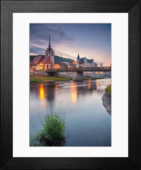 Framed Print : Gera, Germany. Cityscape image of old town Gera, Thuringia, Germany with St. Mary's Church and Untermhaus Bridge over White Elster River at sunset Framed Print : Gera, Germany. Cityscape image of old town Gera, Thuringia, Germany with St. Mary's Church and Untermhaus Bridge over White Elster River at sunset