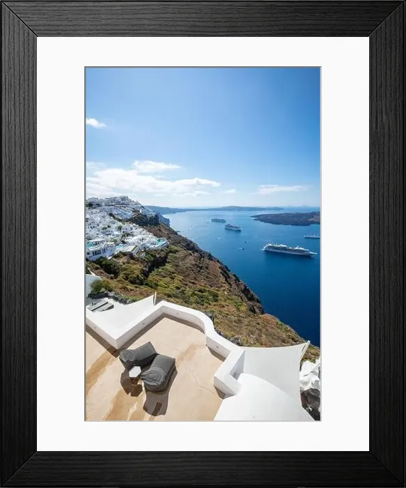 Framed Print : Amazing landscape of Fira, white architecture caldera view Santorini, Greece, cruise ships. Blue sky, wonderful summer mood, sunny vacation, holiday Framed Print : Amazing landscape of Fira, white architecture caldera view Santorini, Greece, cruise ships. Blue sky, wonderful summer mood, sunny vacation, holiday