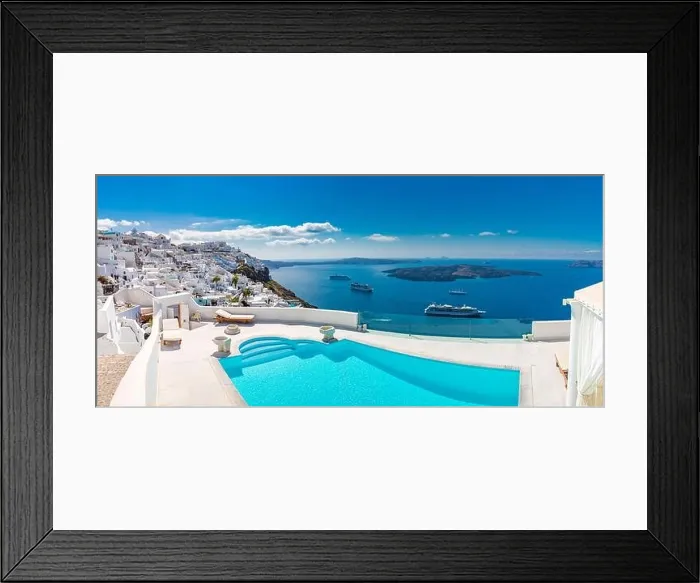 Framed Print : Amazing landscape, infinity pool caldera view Santorini, Greece with cruise ships. Blue sky wonderful summer scenery travel vacation, holiday. Inspire Framed Print : Amazing landscape, infinity pool caldera view Santorini, Greece with cruise ships. Blue sky wonderful summer scenery travel vacation, holiday. Inspire