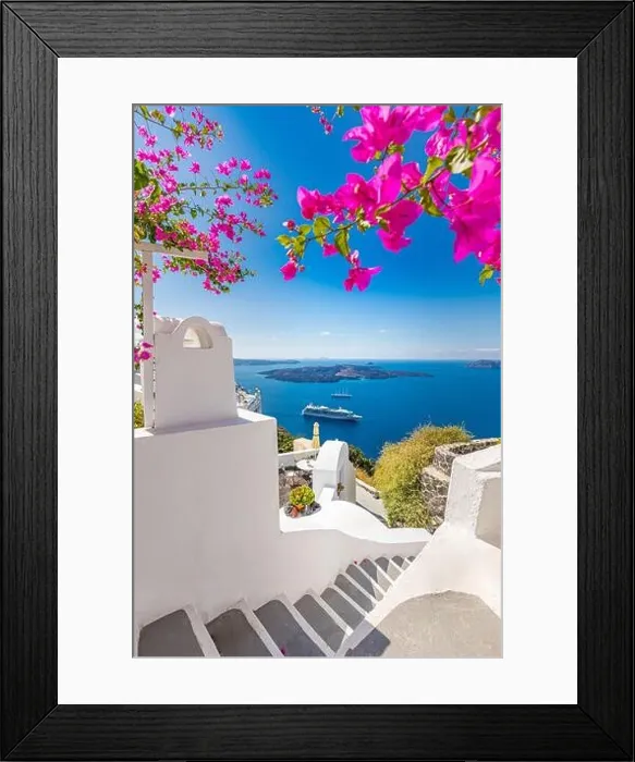 Framed Print : Oia town on Santorini island, Greece. Traditional famous white blue houses with flowers under sunny weather caldera, Aegean sea. Beautiful summer view Framed Print : Oia town on Santorini island, Greece. Traditional famous white blue houses with flowers under sunny weather caldera, Aegean sea. Beautiful summer view
