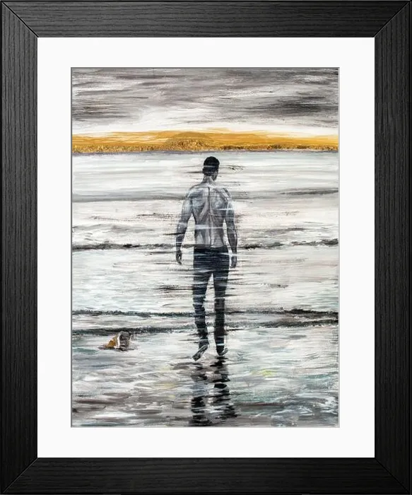 Framed Print : Creative painting work, walking boy on the background