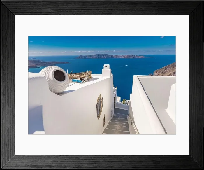 Framed Print : Amazing landscape of Fira, white architecture caldera view Santorini, Greece, cruise ships. Blue sky, wonderful summer mood, sunny vacation, holiday Framed Print : Amazing landscape of Fira, white architecture caldera view Santorini, Greece, cruise ships. Blue sky, wonderful summer mood, sunny vacation, holiday