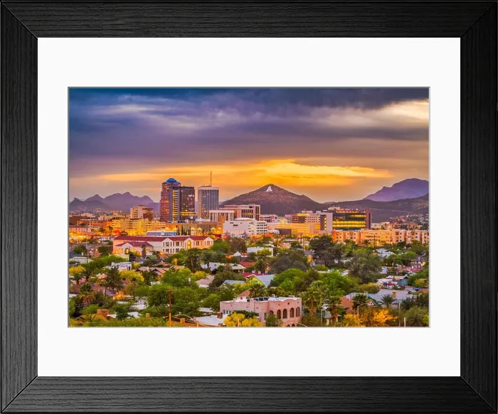 Framed Print : Tucson, Arizona, USA downtown skyline with Sentinel Peak at dusk. (Mountaintop A for Arizona') Framed Print : Tucson, Arizona, USA downtown skyline with Sentinel Peak at dusk. (Mountaintop A for Arizona')