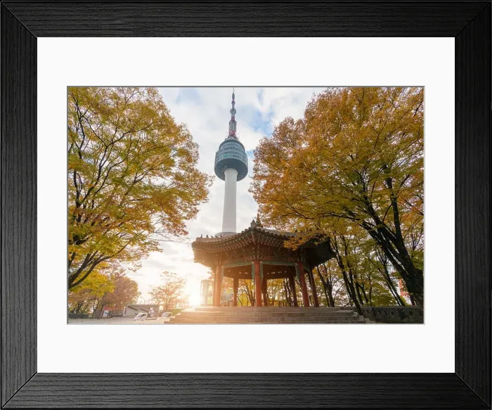 Framed Print : Seoul Tower with yellow and red autumn maple leaves at Namsan mountain in South Korea Framed Print : Seoul Tower with yellow and red autumn maple leaves at Namsan mountain in South Korea