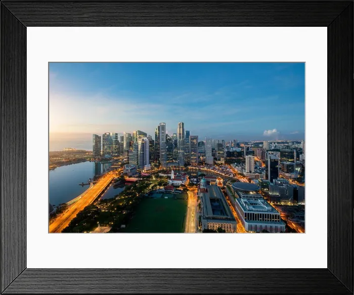 Framed Print : Aerial view of Singapore business district and city at twilight in Singapore, Asia Framed Print : Aerial view of Singapore business district and city at twilight in Singapore, Asia