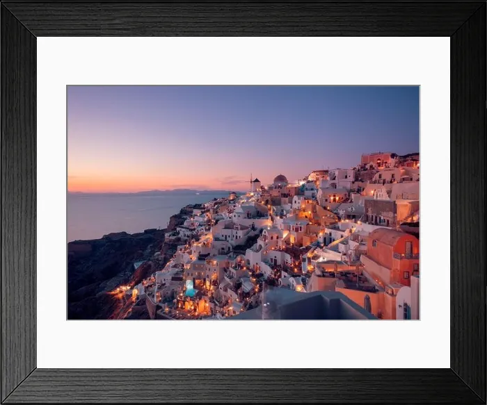 Framed Print : Stunning sunset landscape. Beautiful view of fabulous village of Oia with traditional white houses and windmills in Santorini island at night, Greece Framed Print : Stunning sunset landscape. Beautiful view of fabulous village of Oia with traditional white houses and windmills in Santorini island at night, Greece
