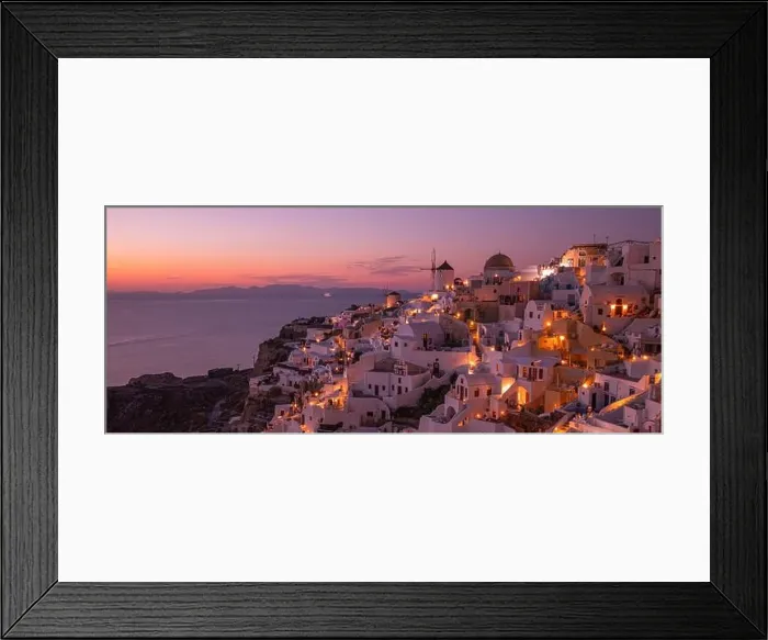 Framed Print : Stunning sunset landscape. Beautiful view of fabulous village of Oia with traditional white houses and windmills in Santorini island at night, Greece Framed Print : Stunning sunset landscape. Beautiful view of fabulous village of Oia with traditional white houses and windmills in Santorini island at night, Greece