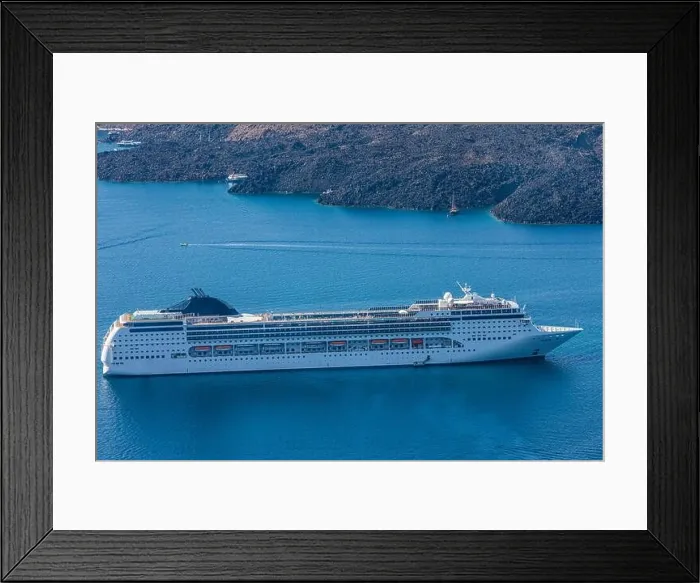 Framed Print : Cruise ship near Santorini, summer travel tourism boats in blue sea bay, cliffs of Santorini volcano island. Famous travel destination Framed Print : Cruise ship near Santorini, summer travel tourism boats in blue sea bay, cliffs of Santorini volcano island. Famous travel destination