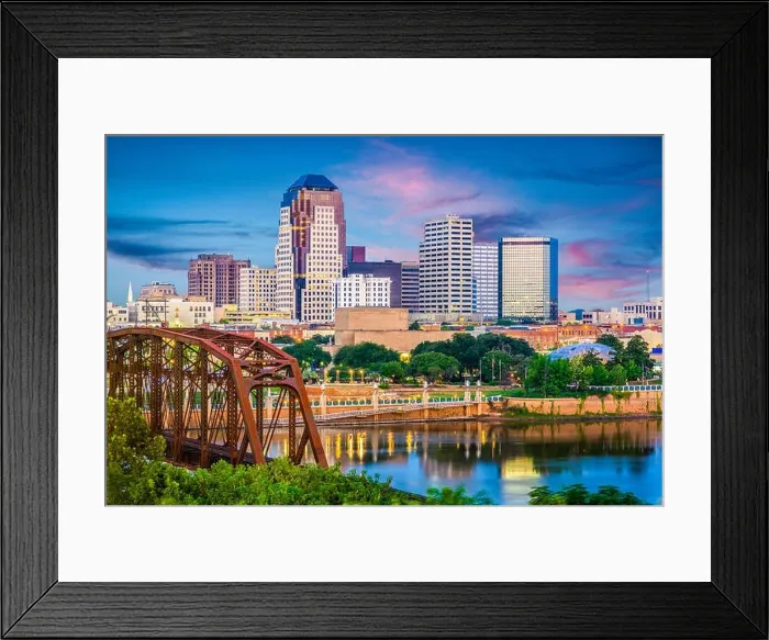 Framed Print : Shreveport, Louisiana, USA skyline over the Red River at dusk Framed Print : Shreveport, Louisiana, USA skyline over the Red River at dusk