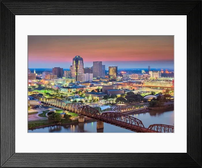 Framed Print : Shreveport, Louisiana, USA skyline over the Red River at dusk Framed Print : Shreveport, Louisiana, USA skyline over the Red River at dusk