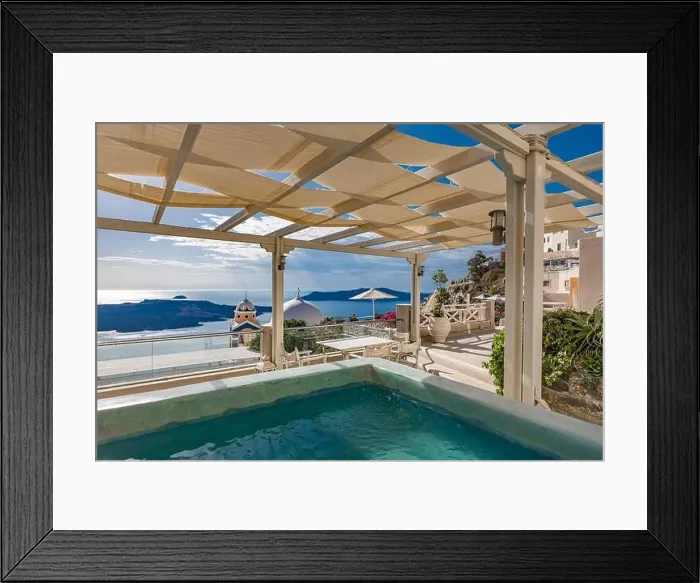 Framed Print : Amazing landscape, infinity pool caldera view Santorini, Greece with cruise ships. Blue sky wonderful summer scenery travel vacation, holiday. Inspire Framed Print : Amazing landscape, infinity pool caldera view Santorini, Greece with cruise ships. Blue sky wonderful summer scenery travel vacation, holiday. Inspire