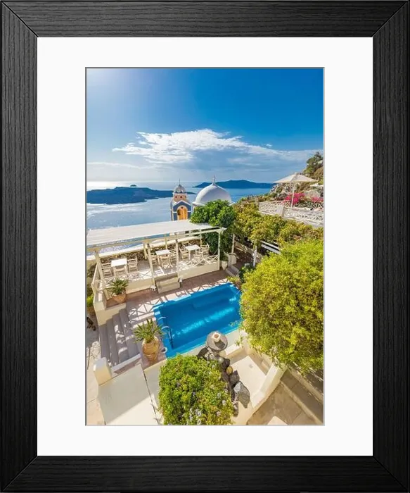 Framed Print : Amazing landscape, infinity pool caldera view Santorini, Greece with cruise ships. Blue sky wonderful summer scenery travel vacation, holiday. Inspire Framed Print : Amazing landscape, infinity pool caldera view Santorini, Greece with cruise ships. Blue sky wonderful summer scenery travel vacation, holiday. Inspire