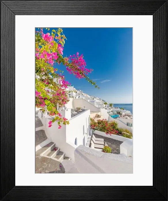 Framed Print : Oia town on Santorini island, Greece. Traditional famous white blue houses with flowers under sunny weather caldera, Aegean sea. Beautiful summer view Framed Print : Oia town on Santorini island, Greece. Traditional famous white blue houses with flowers under sunny weather caldera, Aegean sea. Beautiful summer view