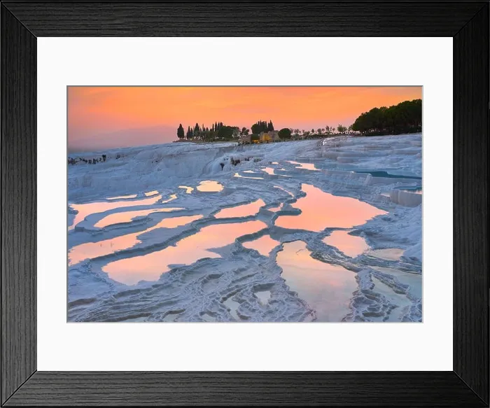 Framed Print : Pamukkale limestone terraces at sunset time, Pamukkale, Turkey Framed Print : Pamukkale limestone terraces at sunset time, Pamukkale, Turkey