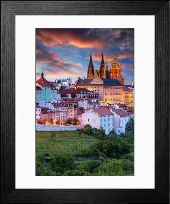 Framed Print : Prague Skyline. Aerial cityscape image of Prague, capital city of Czech Republic with St. Vitus Cathedral at summer sunset Framed Print : Prague Skyline. Aerial cityscape image of Prague, capital city of Czech Republic with St. Vitus Cathedral at summer sunset