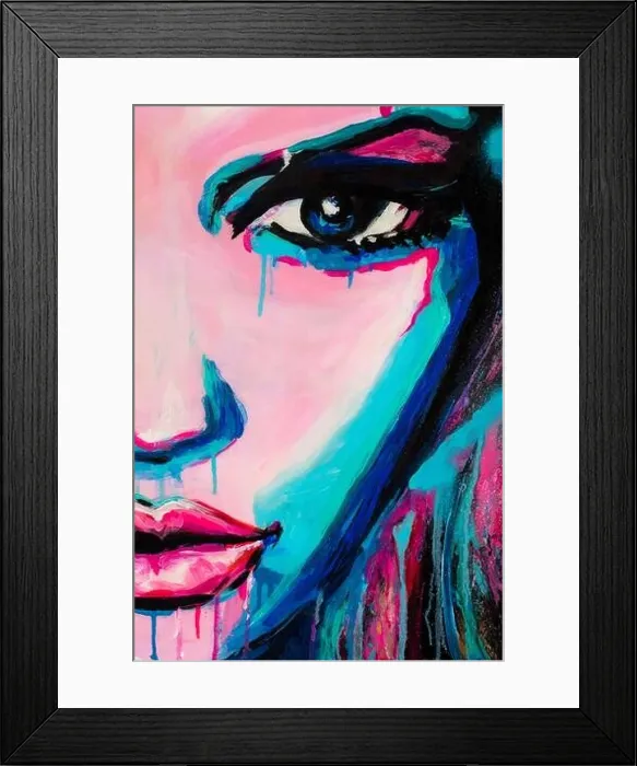 Framed Print : Painting background with a bright face of girl, creative artwork